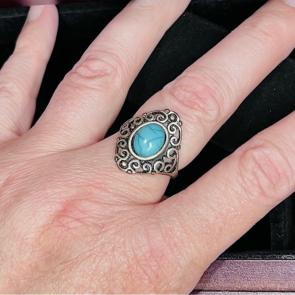 Ornate Vintage Boho Turquoise & Mixed-Metal Statement Ring, Size 7.5